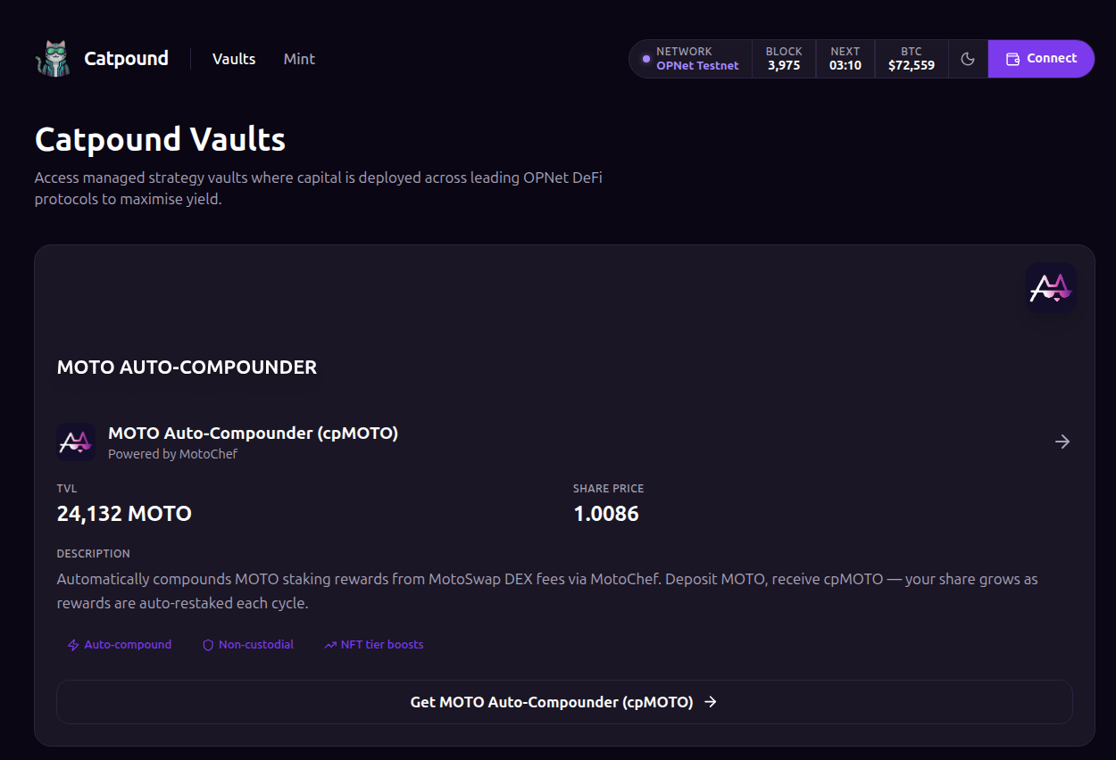 Vault overview showing TVL and share price