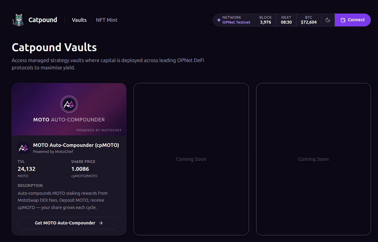 Vault card with TVL, share price, and strategy tags